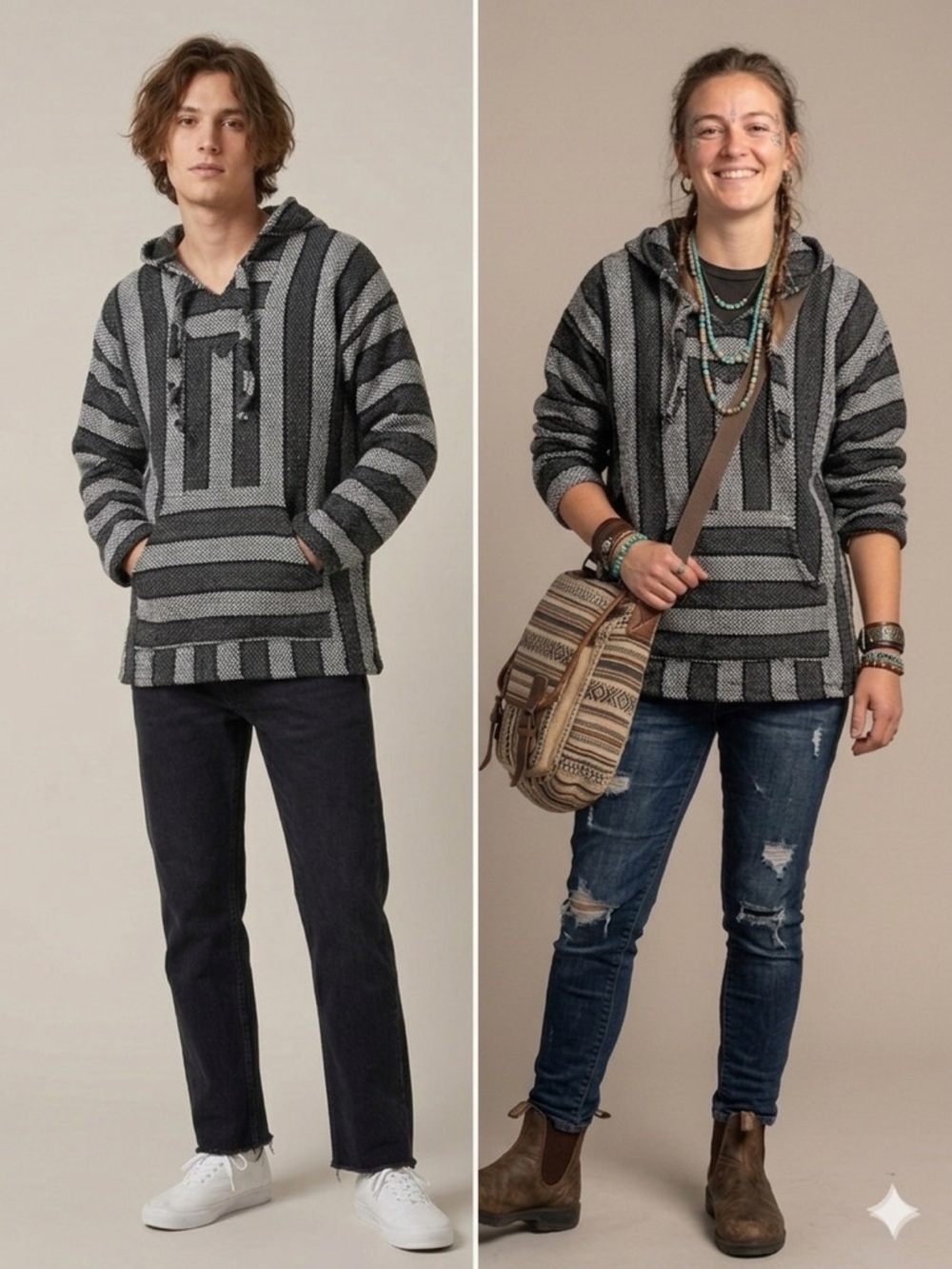 Baja Hoodie  Striped Poncho Pullover Grey Black White